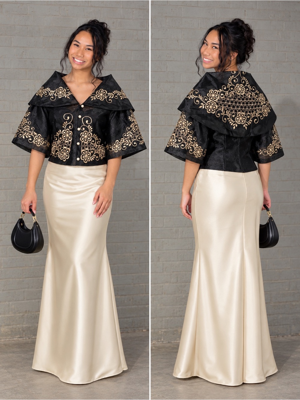Filipiniana Balona Maria Clara Blouse Bolero With Gold Embroidery Design.